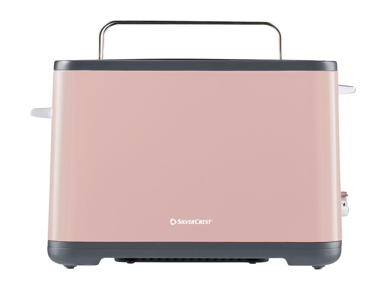 Pink SilverCrest toaster with a metal handle on a white background.
