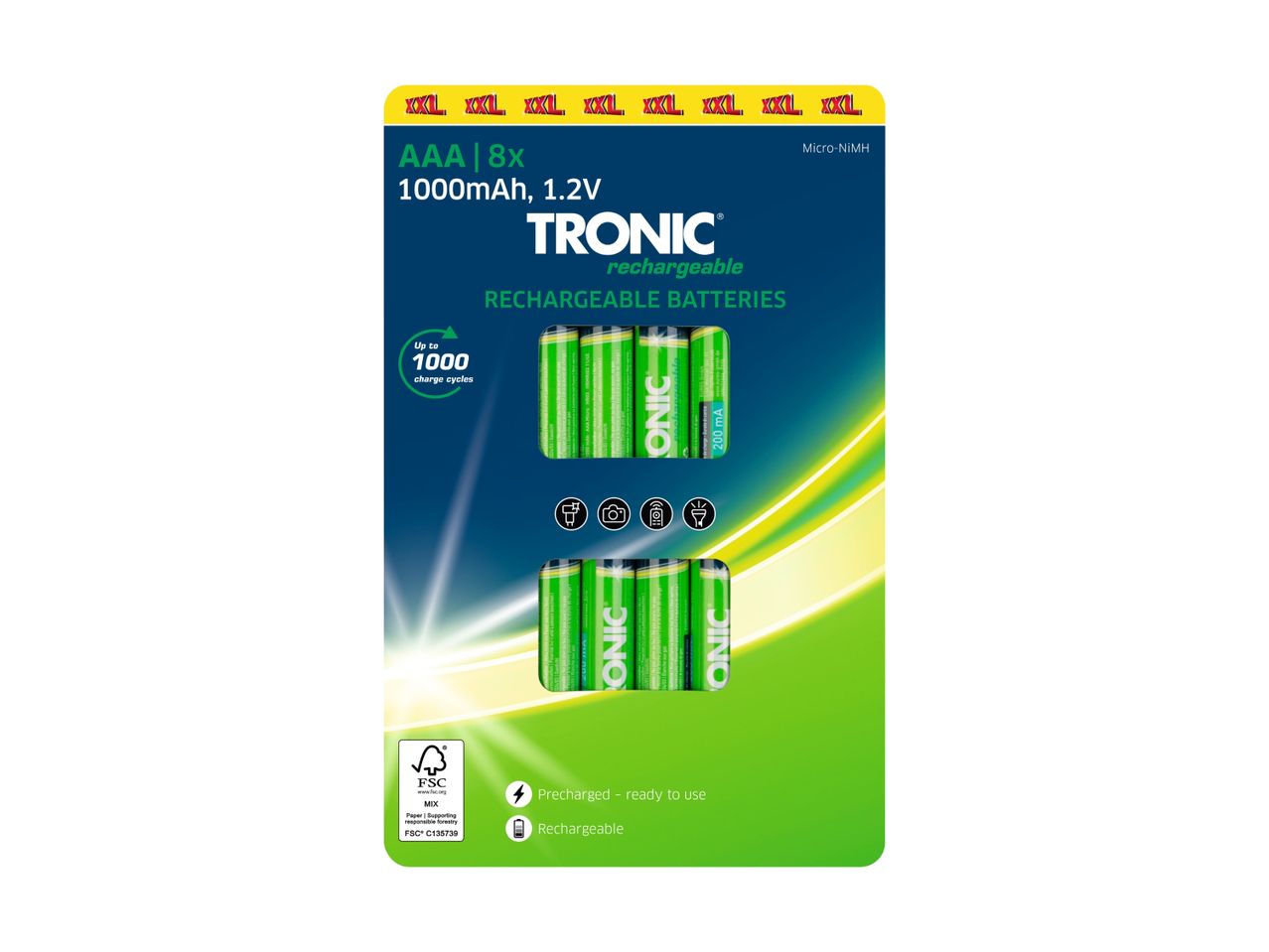 8 TRONIC AAA genopladelige batterier (1000mAh, 1.2V) i emballage.