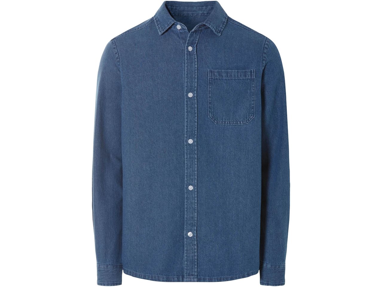 Camicia di jeans blu a maniche lunghe con bottoni bianchi e tasca sul petto.
