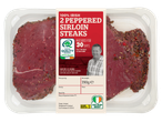 Two peppered Irish sirloin steaks.
