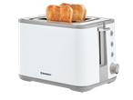 White and grey Silvercrest toaster with two slices of toasted bread.