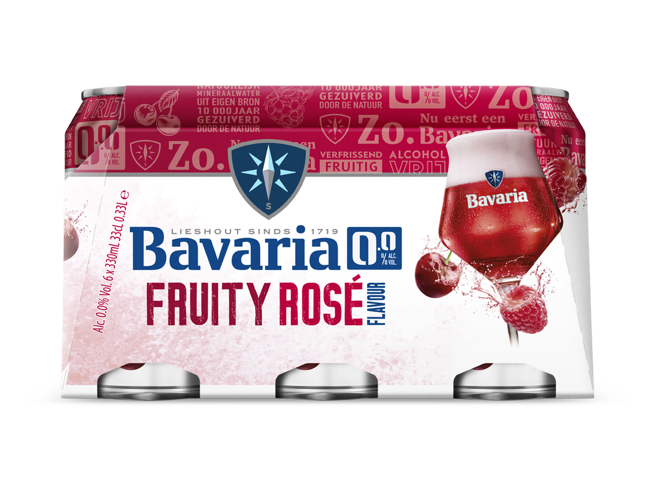 Een 6-pack Bavaria 0.0% Fruity Rosé blikjes met een glas van het drankje en fruit.