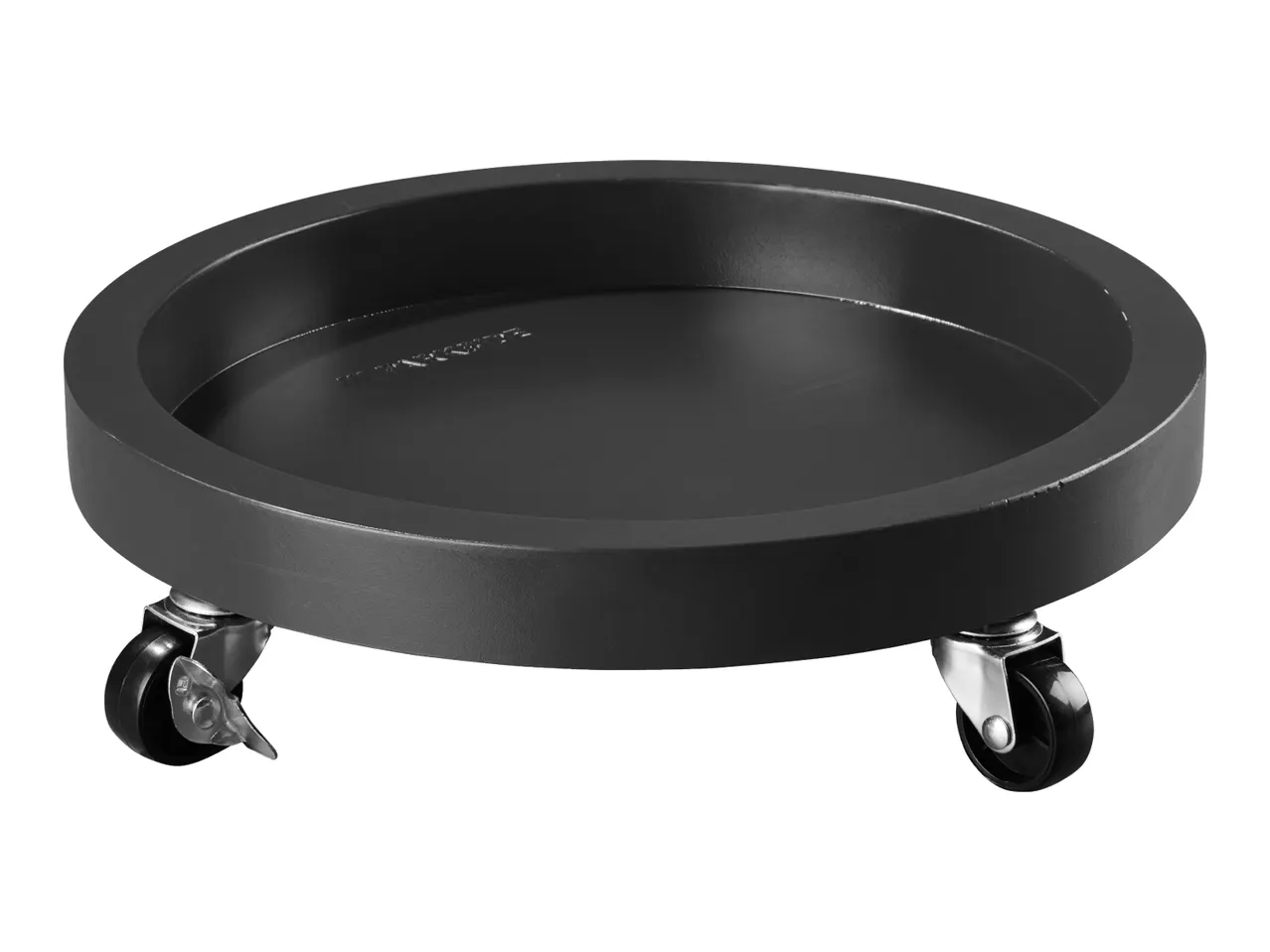 Black round plant caddy with three wheels, one of which has a brake.