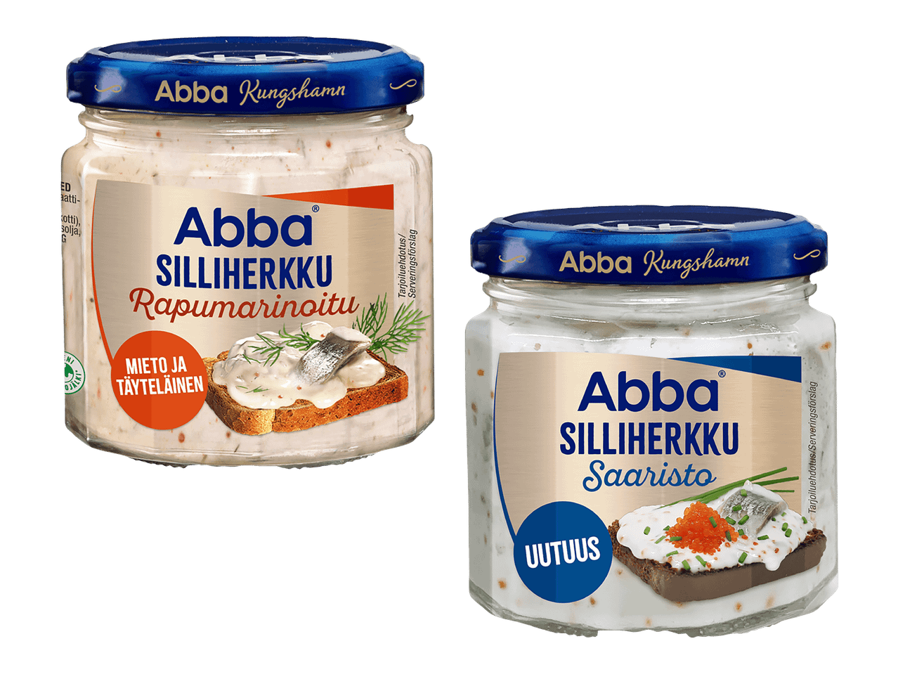 Kaksi Abba Silliherkku -purkkia, toinen Rapumarinoitu ja toinen Saaristo-makuinen.