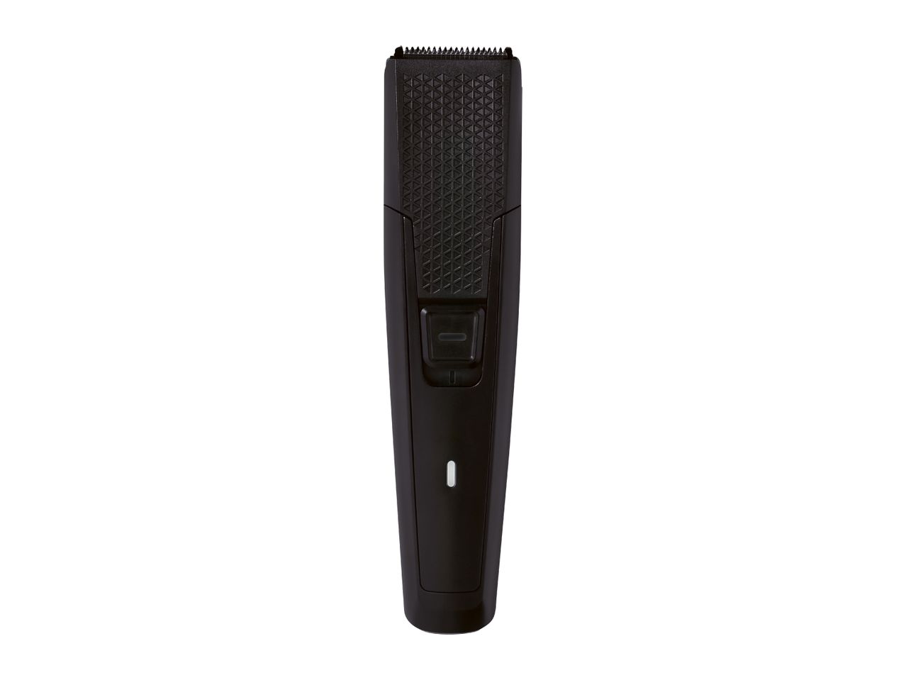 Black electric beard and hair trimmer with a textured grip and power button.