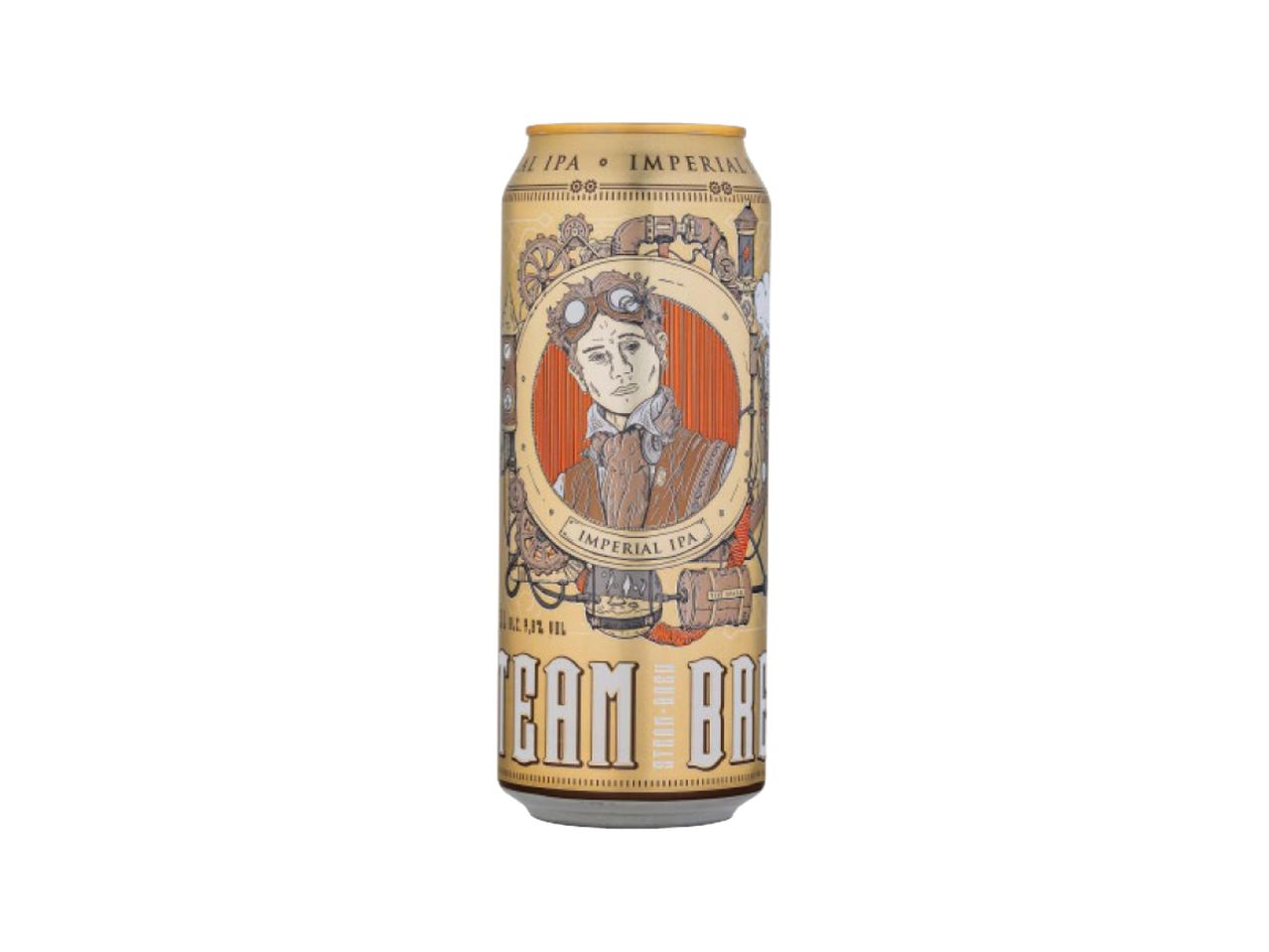 Lata de cerveja IPA imperial com ilustração de um aviador estilo steampunk.
