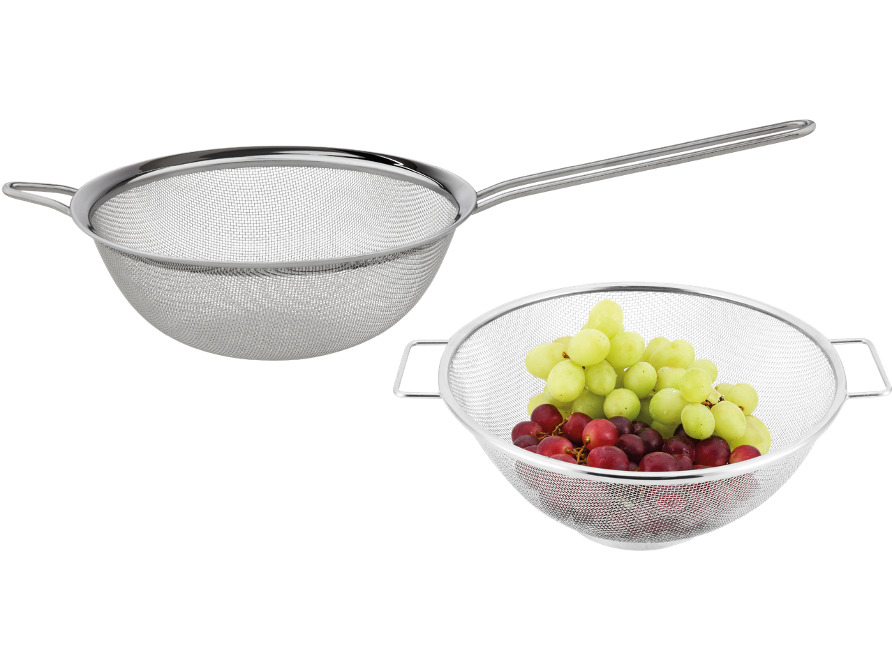 Två metall durkslag, ett med handtag och ett med röda och gröna vindruvor.
