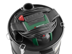 Ash vacuum cleaner with a coiled power cord and accessories on top, viewed from above.