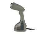 Handheld garment steamer with a brush attachment and a visible water tank