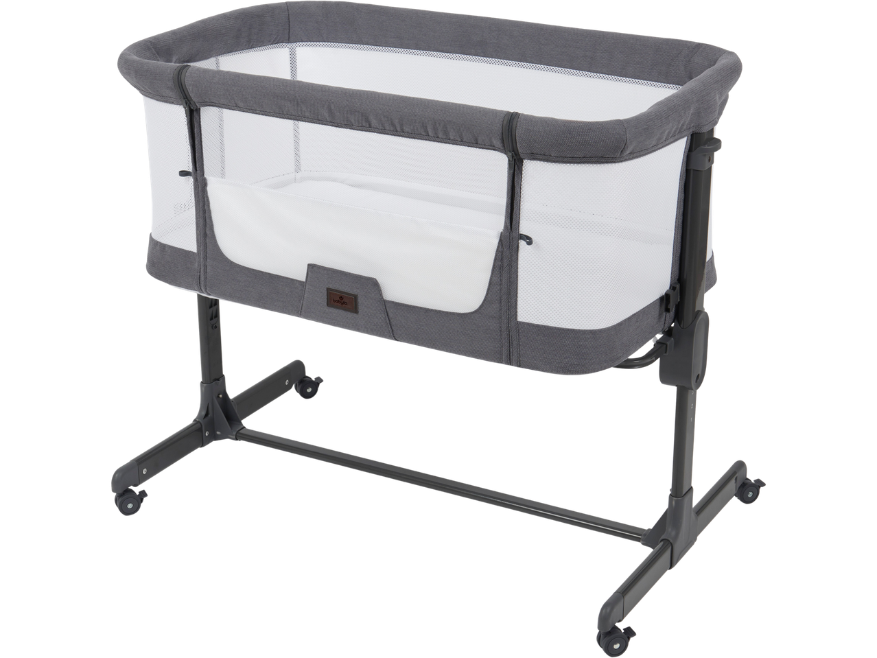A gray and white baby bassinet with mesh sides and wheels.