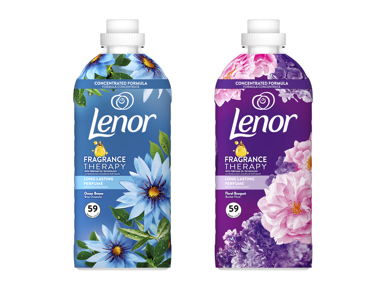 Două sticle de balsam de rufe cu formulă concentrată, cu parfum de lungă durată, unul Ocean Breeze și unul Floral Bouquet.