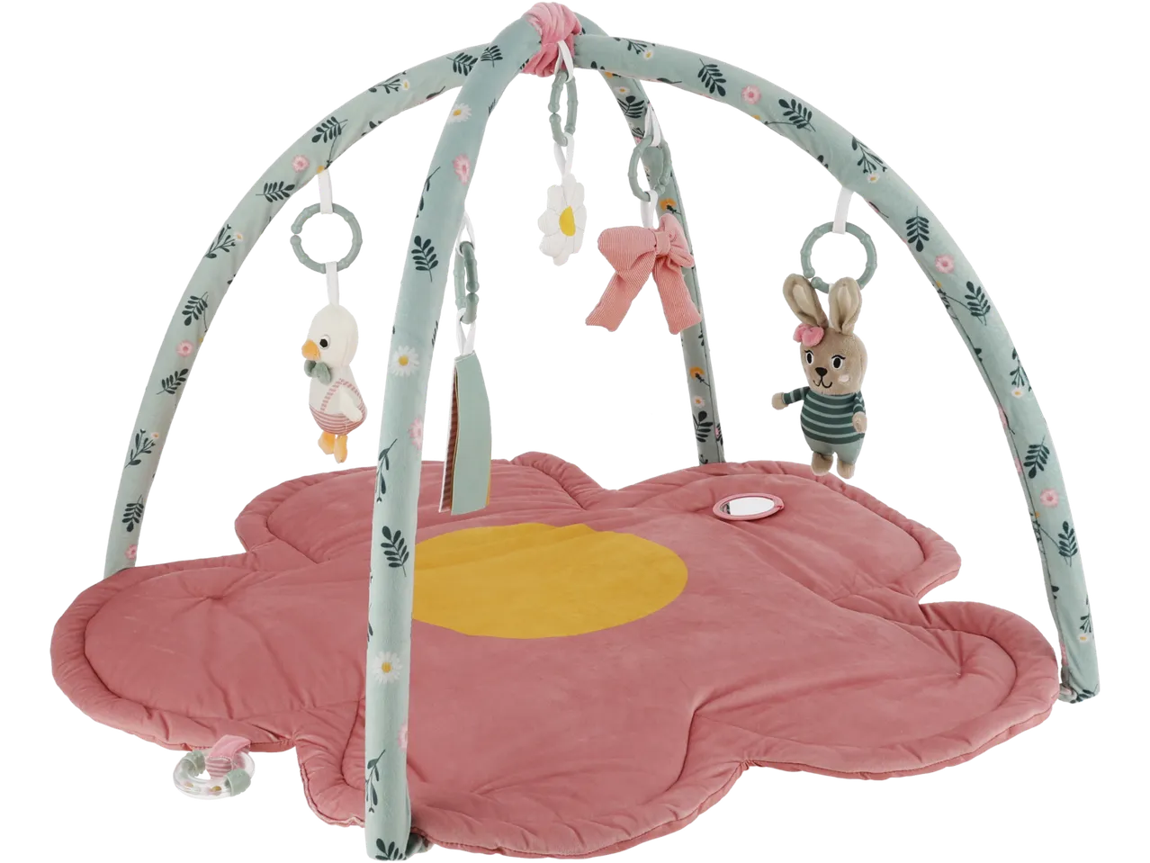 Lupilu® Baby Activity Gym with a pink flower-shaped mat and hanging animal toys.