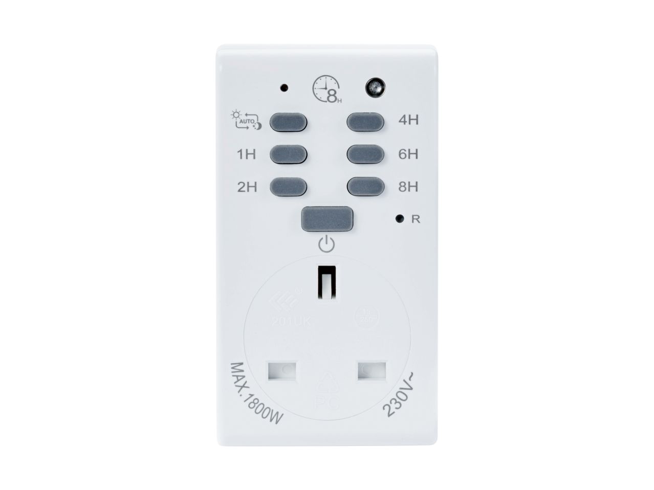 White plug-in timer with buttons for 1H, 2H, 4H, 6H, 8H, auto, and power up to 1800W.