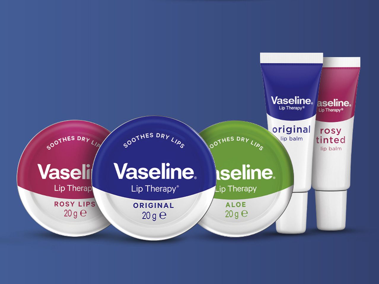 O selecție de produse Vaseline Lip Therapy, inclusiv balsamuri în borcane și tuburi.