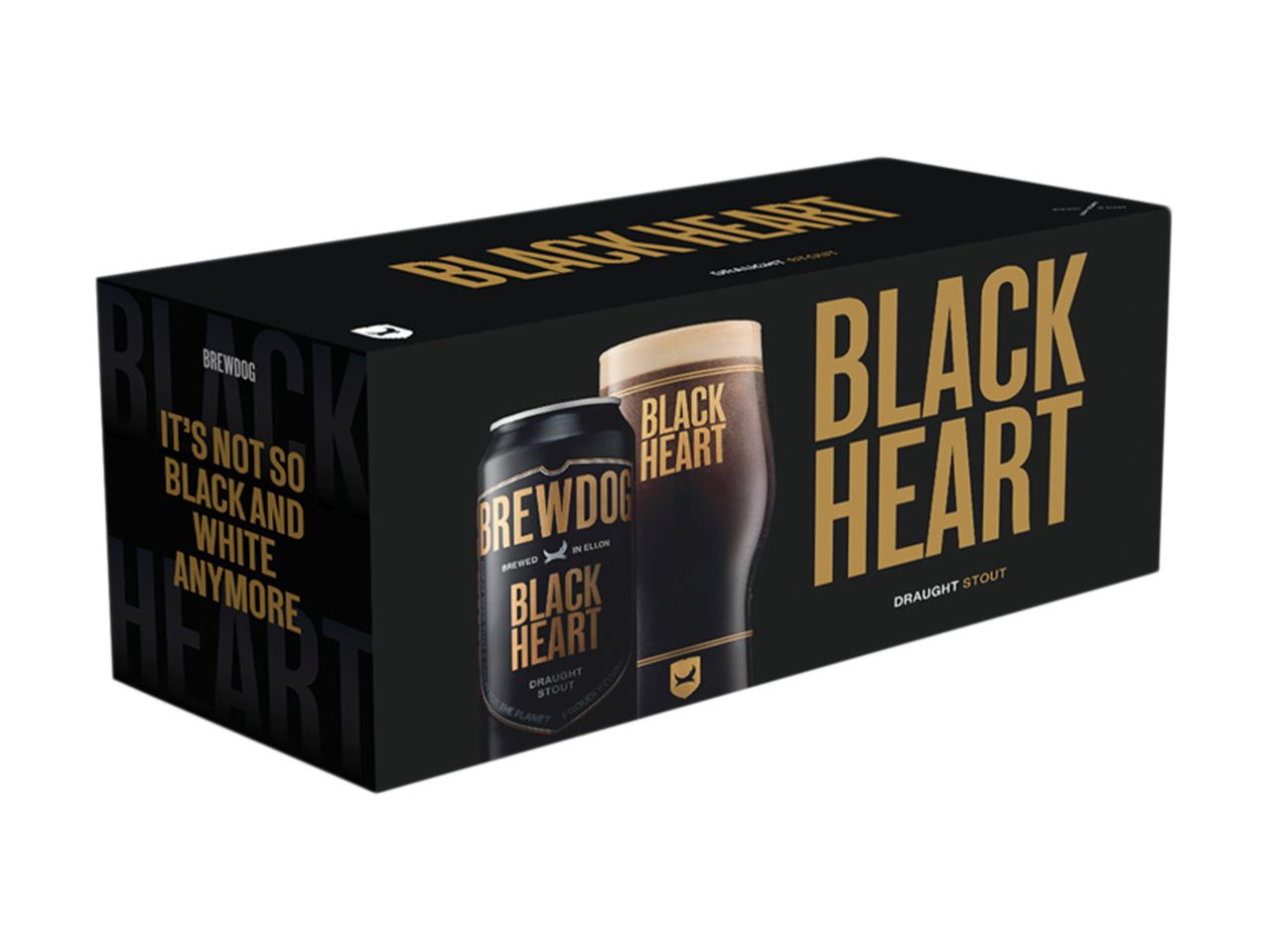 BrewDog Black Heart Draught Stout 4-pack box with a can and a glass of stout.
