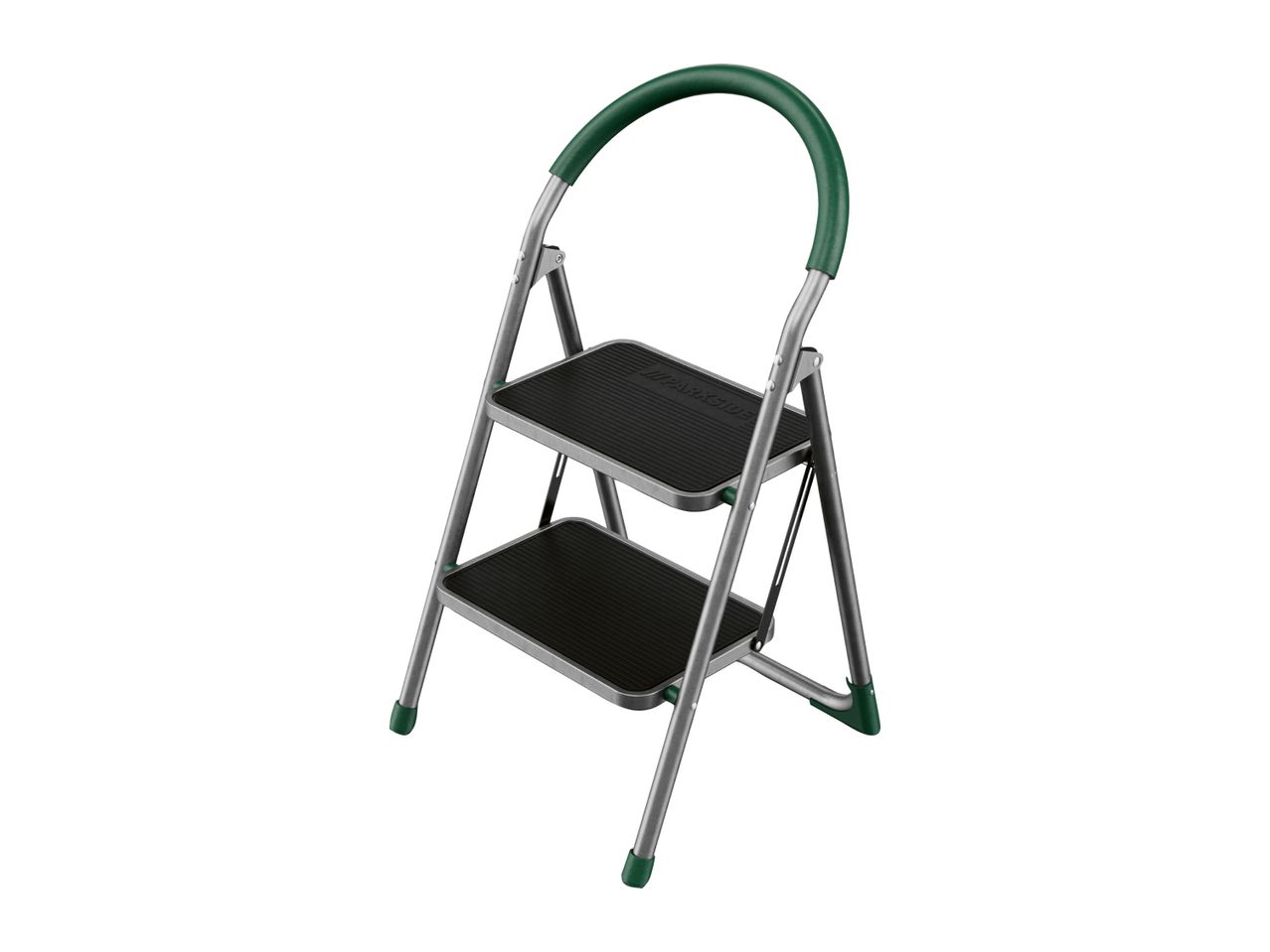 Two-step folding ladder with a green handle and non-slip steps.