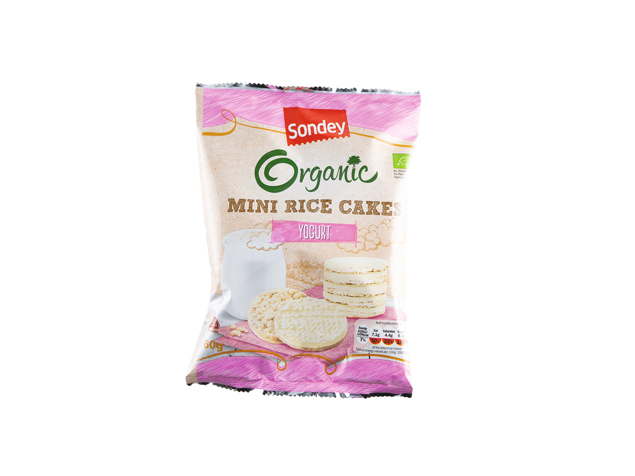 Sondey Organic Mini Rice Cakes in Yogurt flavor, 60g pack.