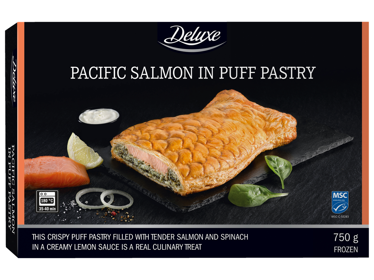 Deluxe Ramiojo vandenyno lašiša sluoksniuotoje tešloje, 750g, šaldyta, su MSC sertifikatu.