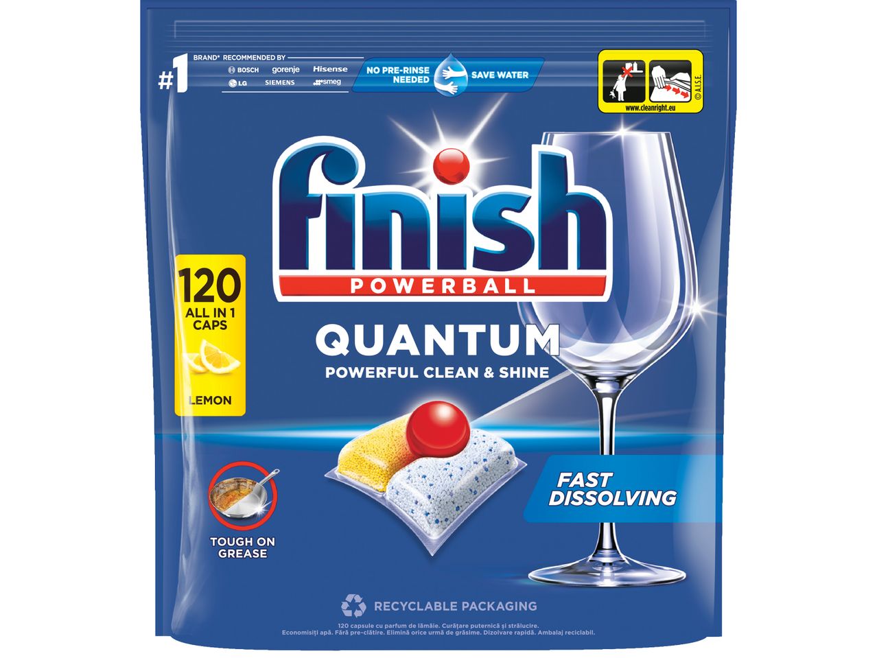Опаковка на Finish Powerball Quantum с 120 капсули за съдомиялна машина с аромат на лимон.