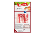 Embalagem de Dulano Bacon Fatiado com bacon cozido e ovo, e fatias de bacon cru.