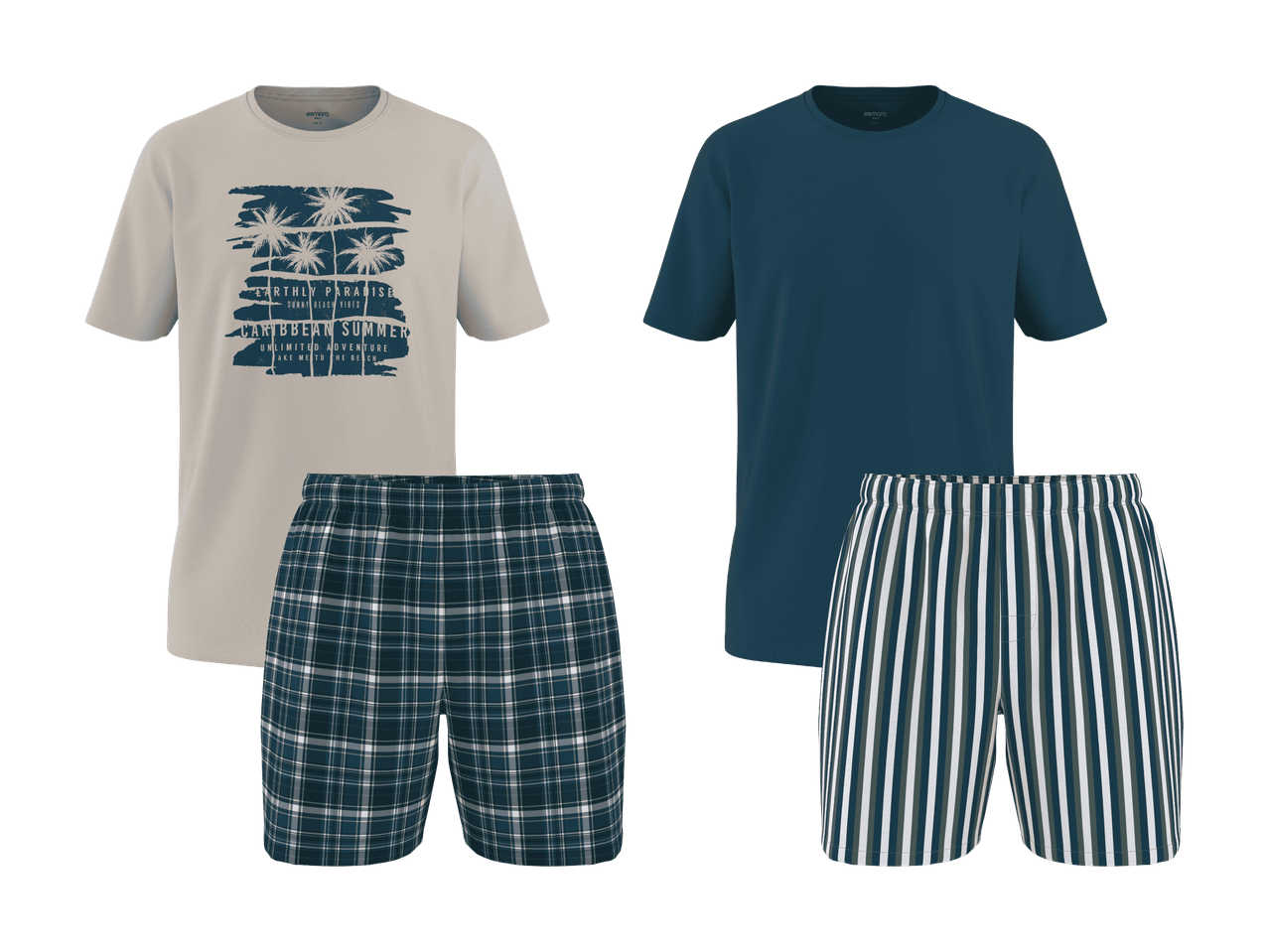 Due set pigiama da uomo, uno con maglietta beige e pantaloncini a quadri, l'altro con maglietta blu e pantaloncini a righe.