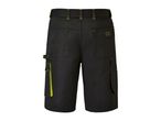 Black work shorts with side pockets and a lime green zipper detail.