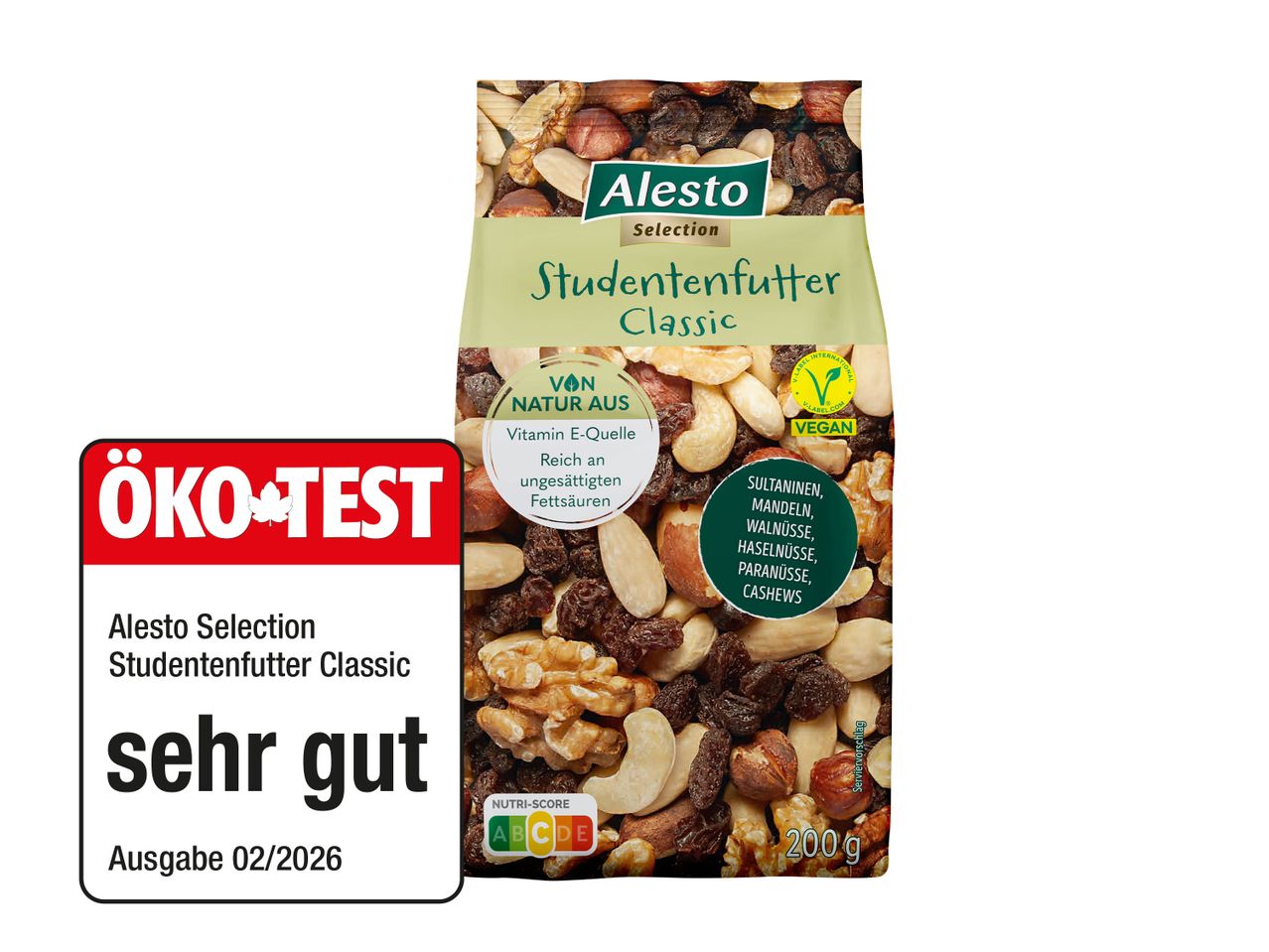 Studentenfutter Classic mit Sultaninen, Mandeln, Walnüssen, Haselnüssen, Paranüssen und Cashews, als sehr gut bewertet.