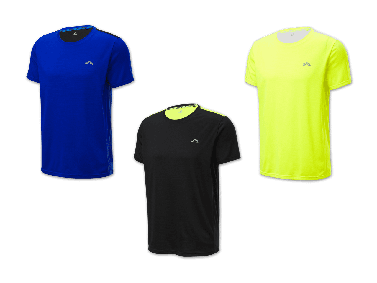 Drei Crivit Sport-T-Shirts in Blau, Gelb und Schwarz.