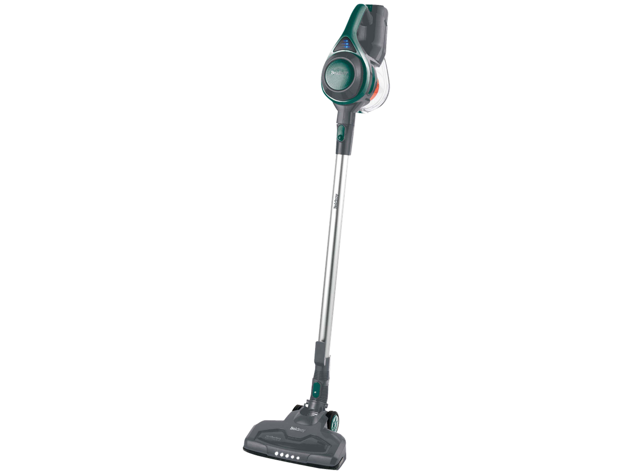 Cordless stick vacuum cleaner with a green and grey body, and a silver extension wand.