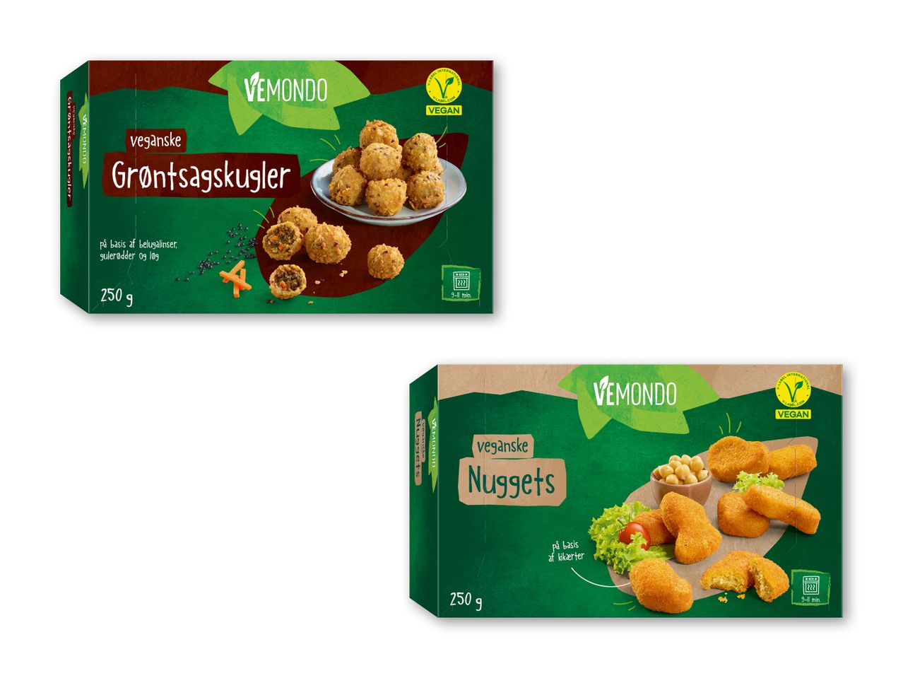 VEMONDOS veganske grøntsagskugler og nuggets i frosne pakker.
