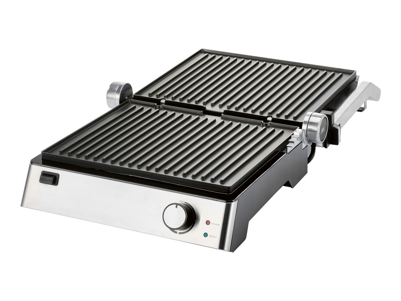 Stainless steel electric contact grill with open grates and control knob.