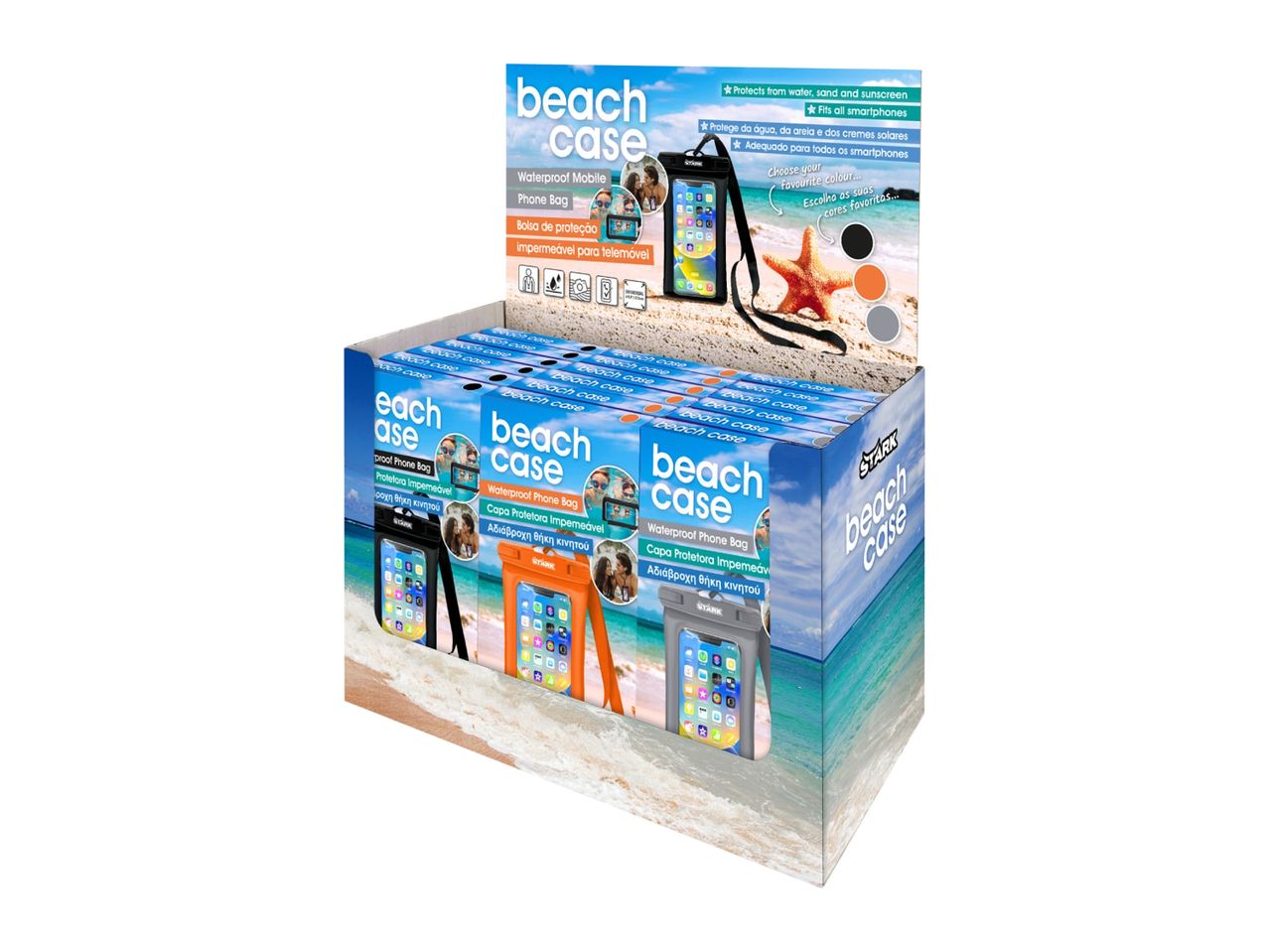 Display of waterproof mobile phone bags in black, orange, and grey, suitable for beach use.