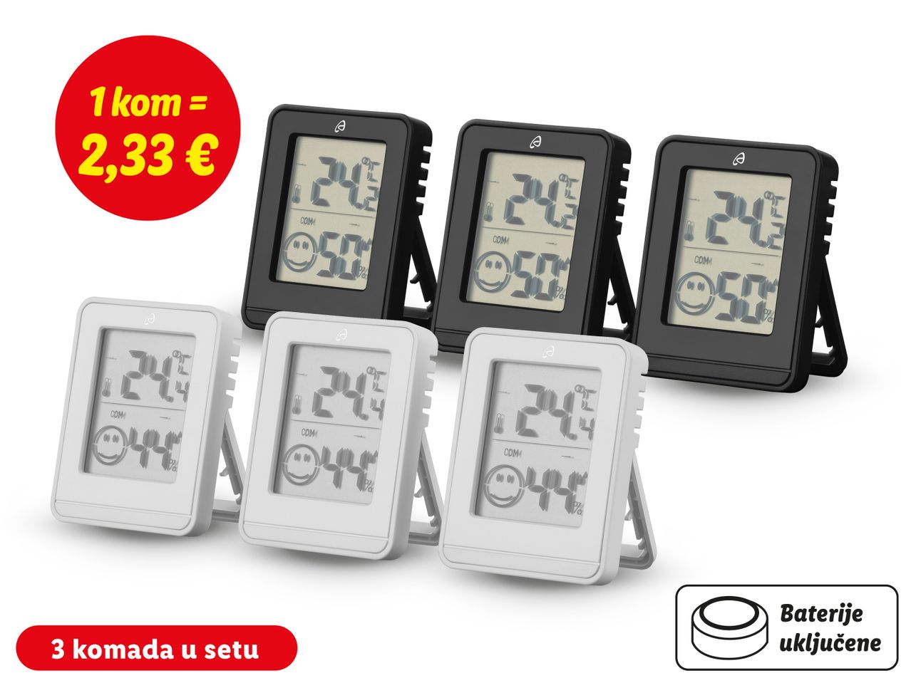 Set od tri digitalna termometra s higrometrom, uključujući baterije.