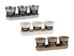 Drei Sets von Kräutertöpfen in verschiedenen Farben, beschriftet mit Minze, Basilikum und Salbei.