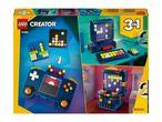 Toy box with three retro-themed buildable models: a computer, a handheld console, and an arcade machine.