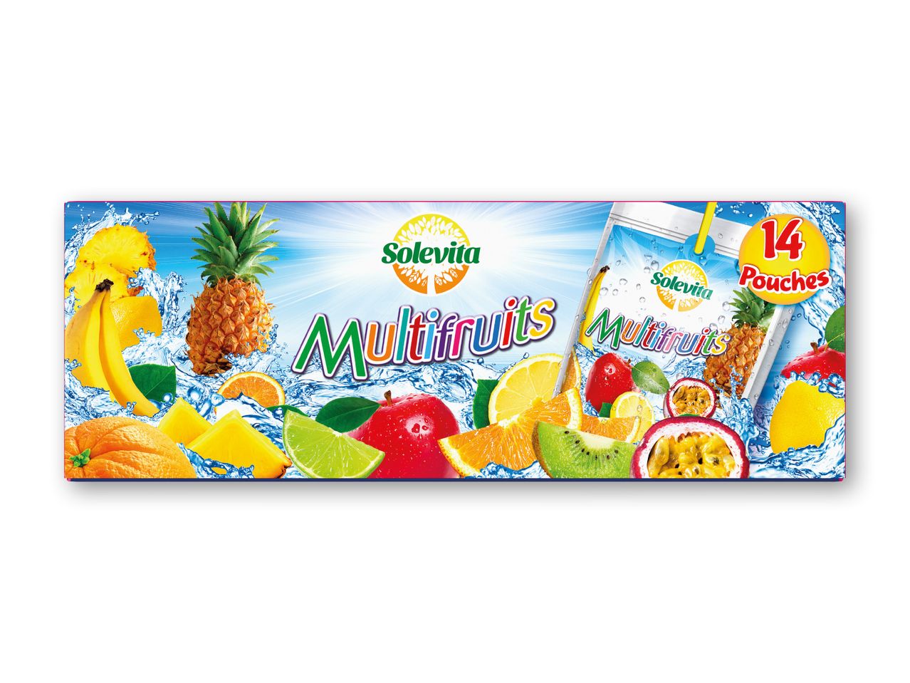 Multifrugtjuicepakke med 14 poser, med ananas, banan, appelsin, æble, lime, kiwi og passionsfrugt.