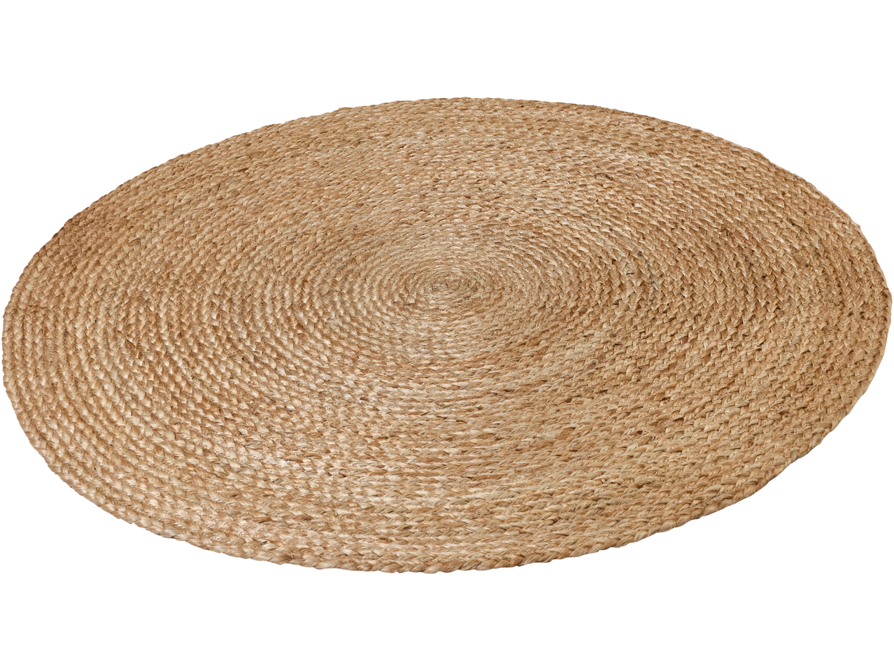 Apvalus pintas džiuto kilimas natūralios rudos spalvos.