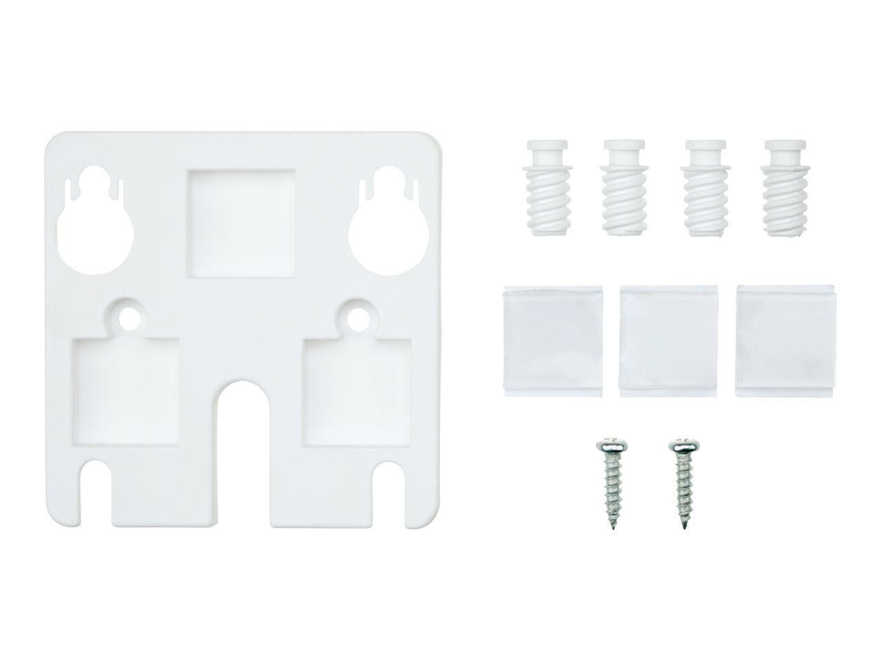 White plastic mounting bracket with screws, wall plugs, and adhesive pads.