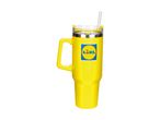 Gul Lidl-termokop med hank og sugerør.