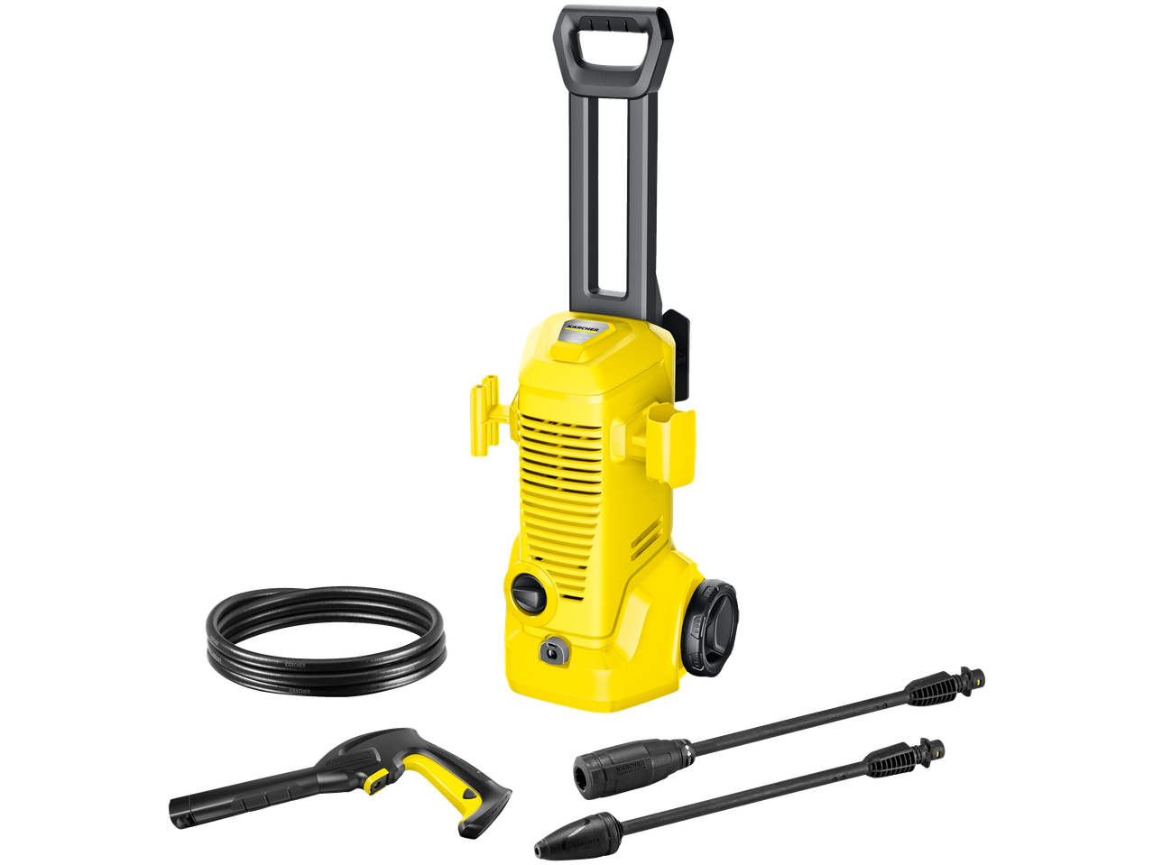 Žuti visokotlačni čistač KÄRCHER KHD3 s crijevom i dodacima.