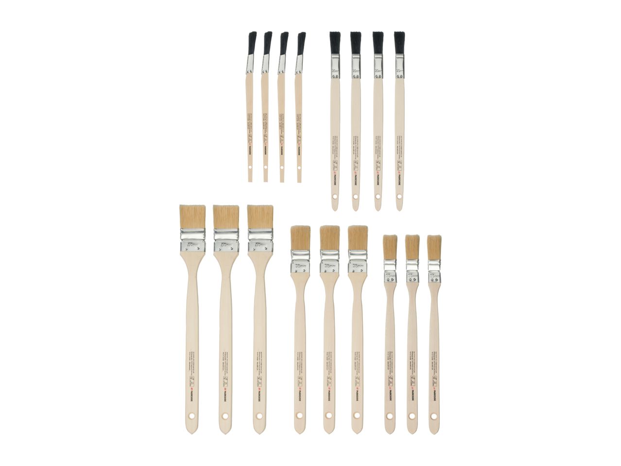 A set of various paintbrushes, including flat and angled brushes, with wooden handles.