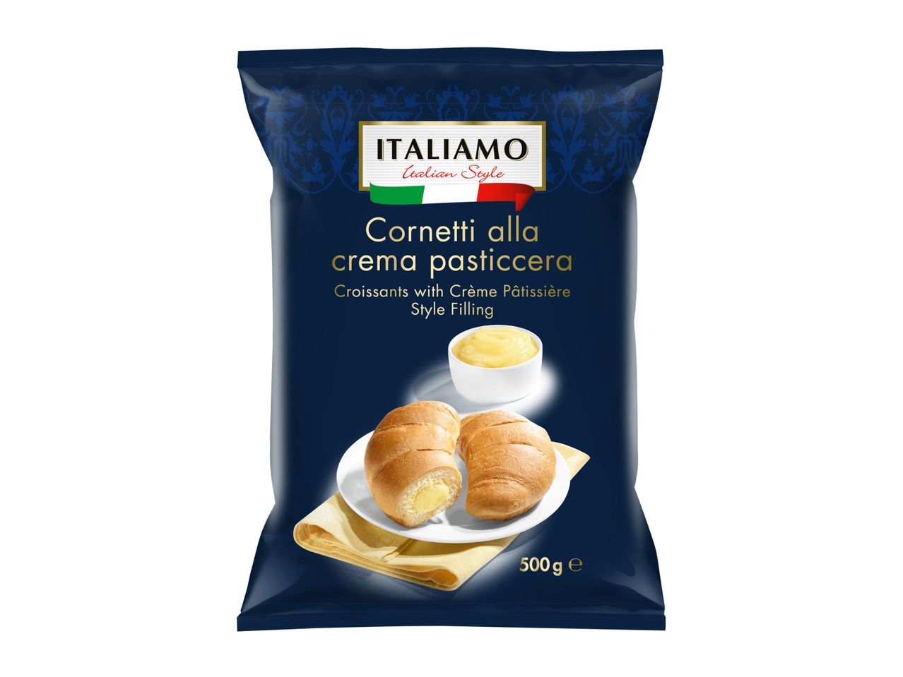 A bag of Italiamo Cornetti alla crema pasticcera (croissants with crème pâtissière-style filling).