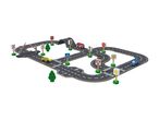 Toy road track with cars, traffic signs, and trees on a white background.