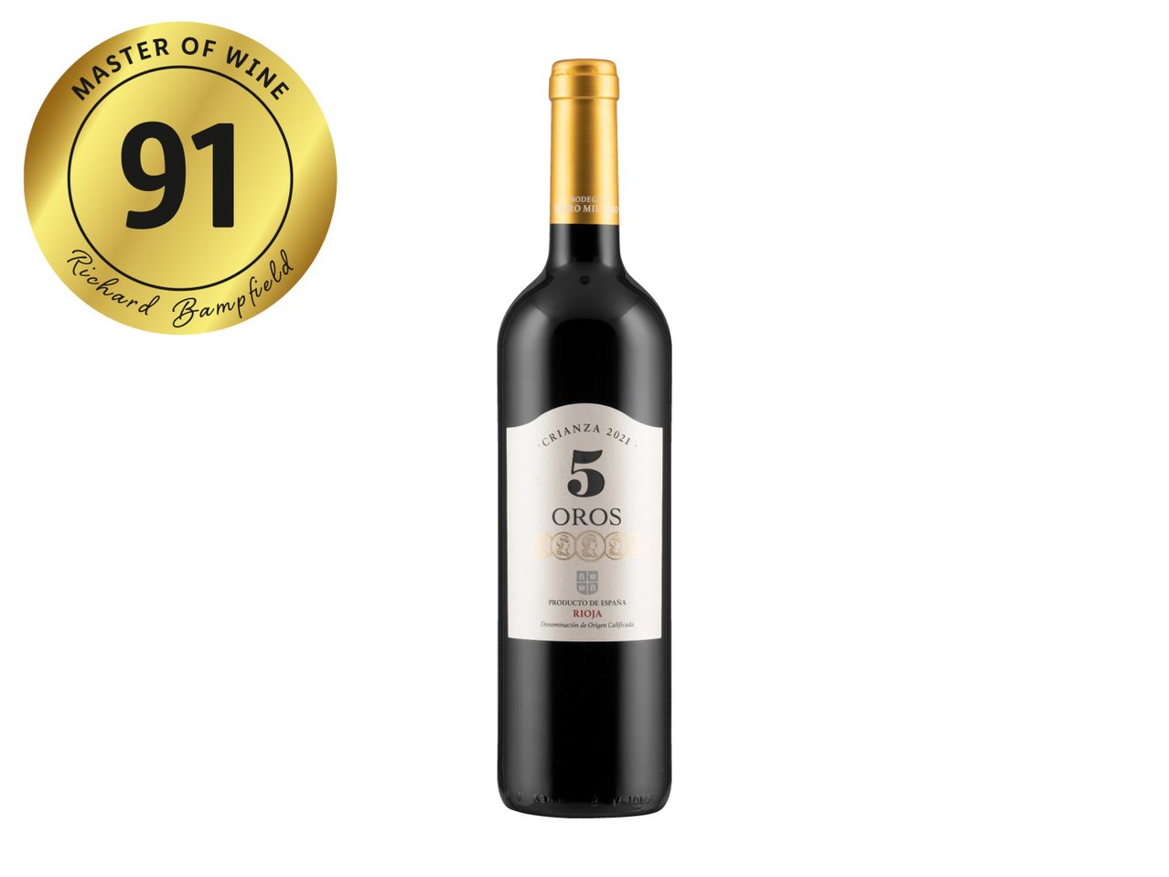 Red wine bottle with a gold foil top and a gold Master of Wine 91-point rating seal.