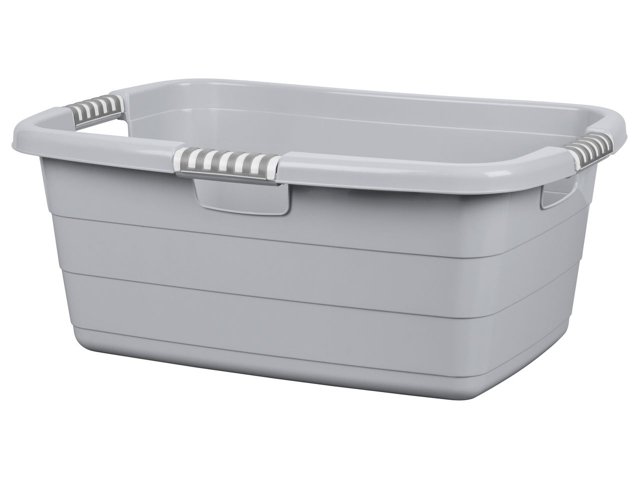 A gray plastic laundry basket with gray and white handles.