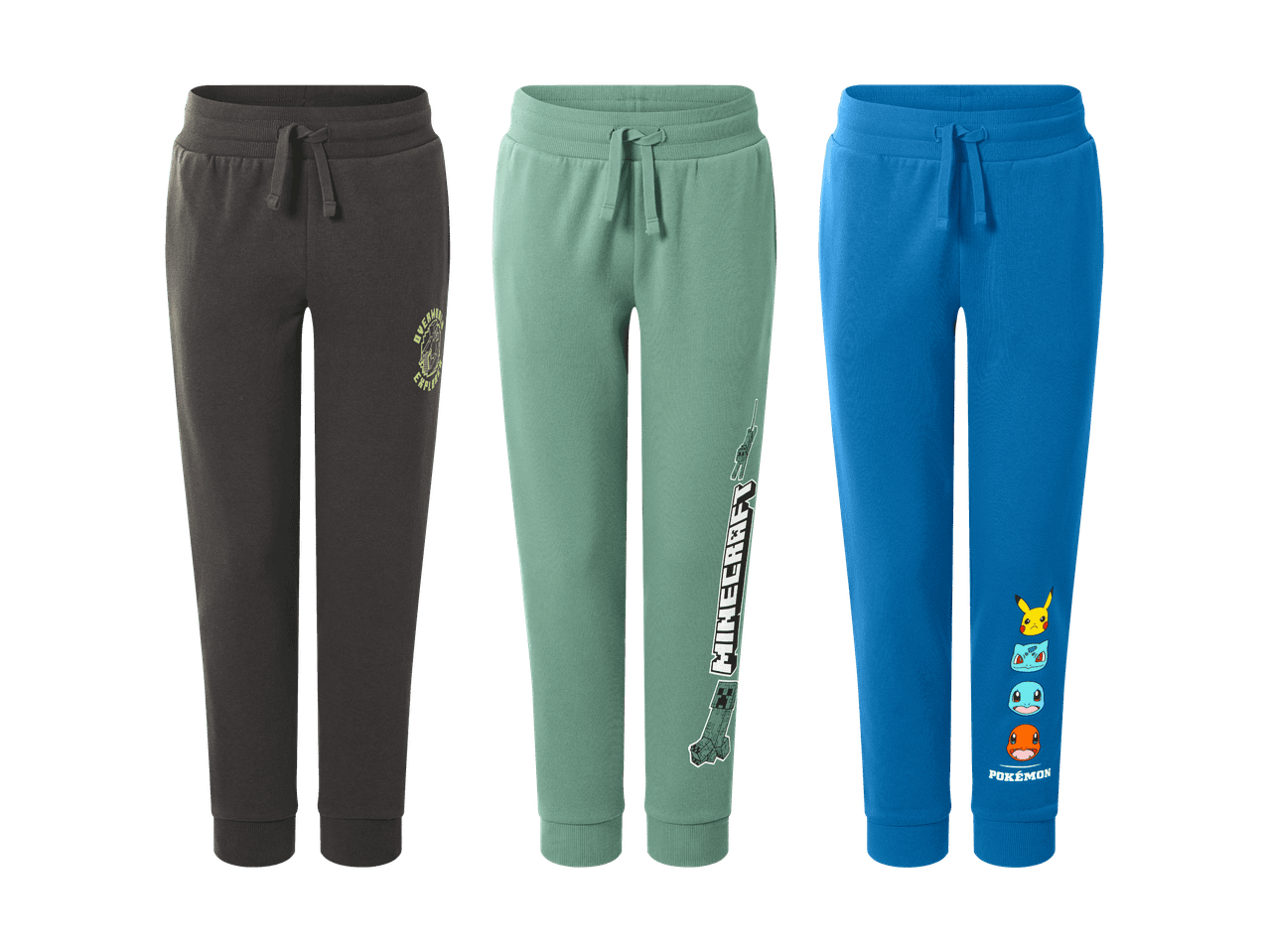 Trois pantalons de jogging pour enfants en gris, vert et bleu avec différents imprimés.