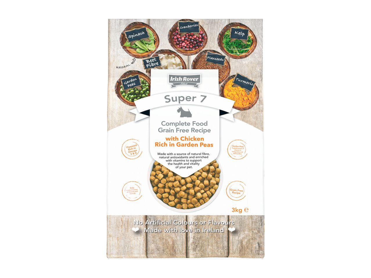 Irish Rover Select Super 7 grain-free dog food with chicken and garden peas.