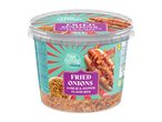 Fried onions with garlic and pepper flavor in a clear tub, with hot dogs on the label.