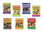 Forskellige Haribo slikposer med forskellige blandinger og temaer.
