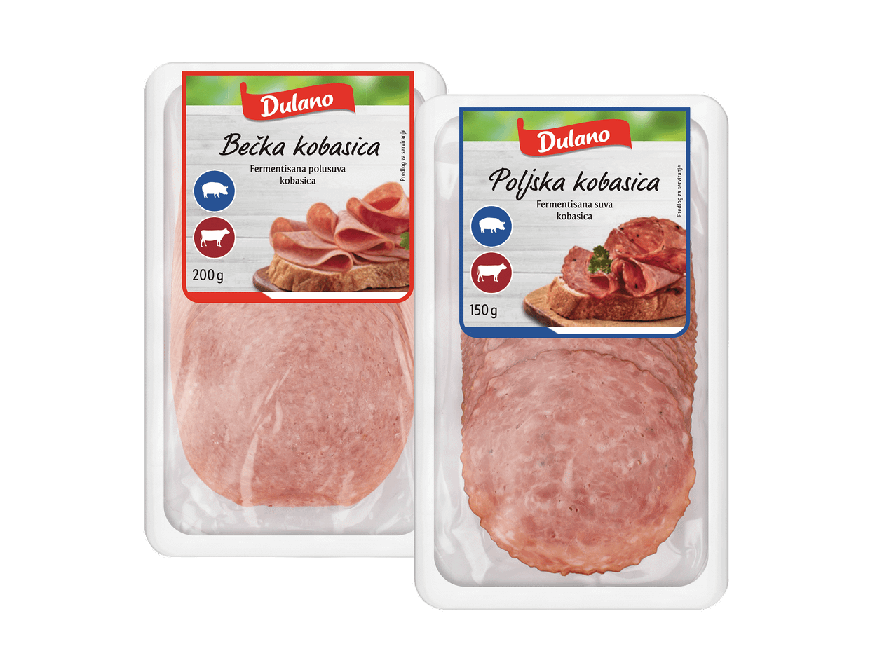 Dva pakovanja fermentisanih kobasica, Bečka kobasica (200g) i Poljska kobasica (150g), sa predlogom za serviranje.